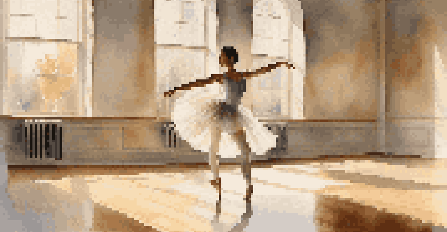 A ballet dancer in a sunlit studio performing an arabesque, surrounded by soft natural light and a calm atmosphere.
