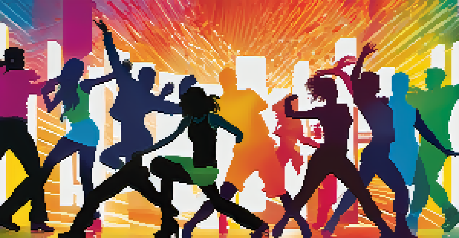 An energetic poster promoting a workplace dance fitness program, showcasing colorful silhouettes of employees dancing together with bold text.