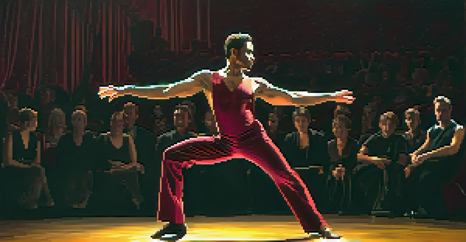 A male dancer in a burgundy costume performing alone on stage, with a spotlight focused on him in a dim theater.