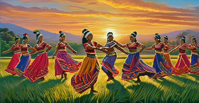 A group of Indigenous dancers in traditional clothing performing in a field at sunset, with vibrant colors and dynamic movements.