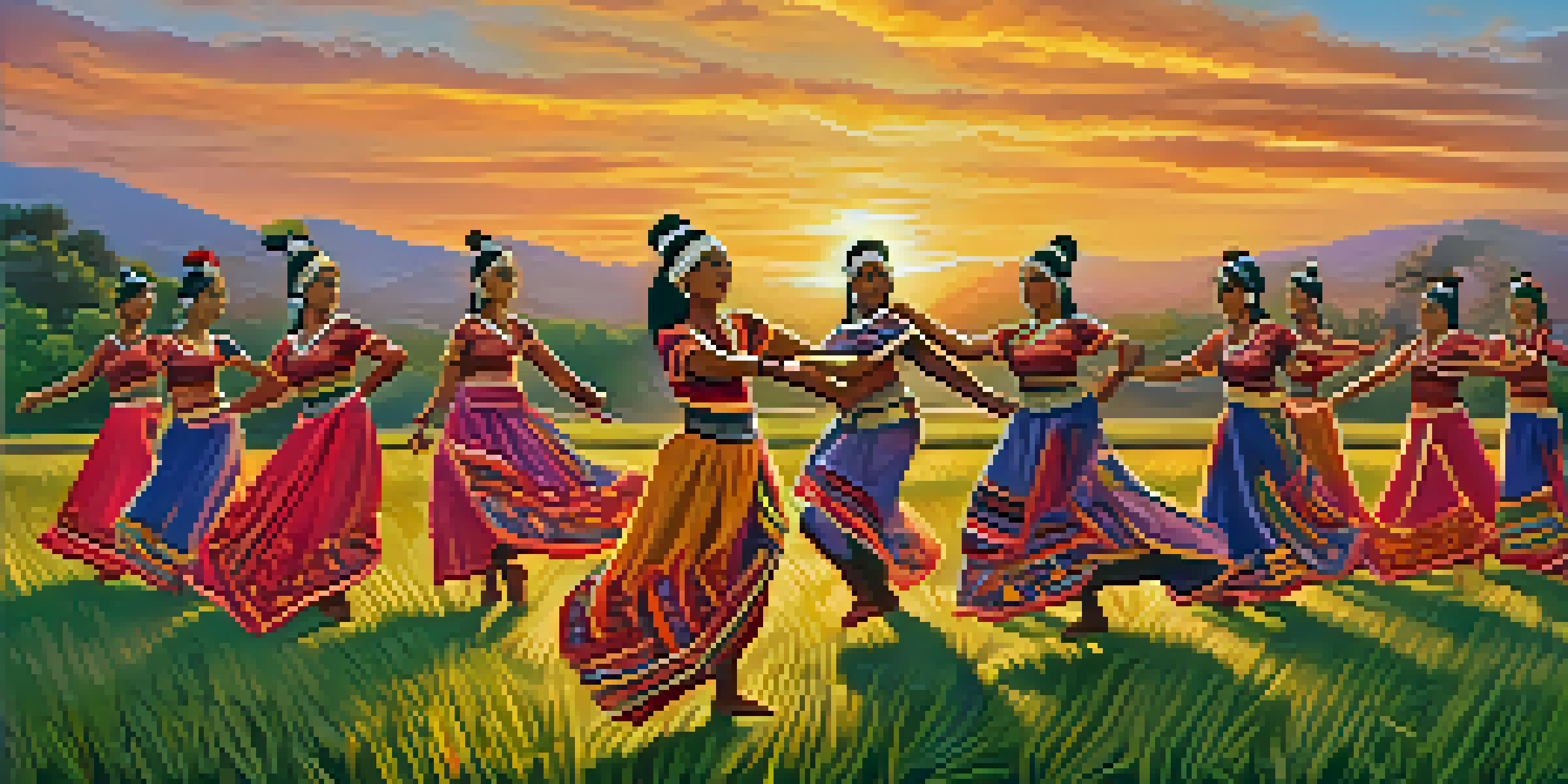 A group of Indigenous dancers in traditional clothing performing in a field at sunset, with vibrant colors and dynamic movements.