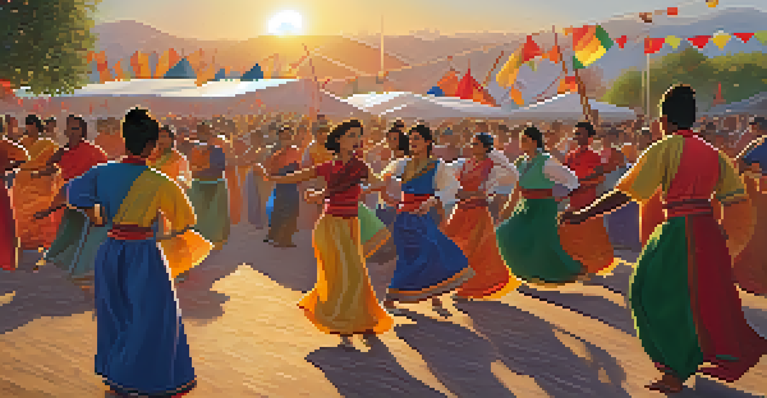 A community dance event showcasing traditional dances with participants in colorful attire and banners, set against a sunset backdrop.