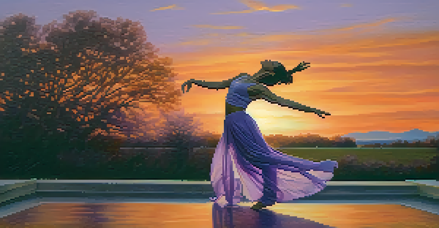 A solo dancer in a flowing garment practicing in an outdoor setting during sunset, surrounded by warm colors of the sky.