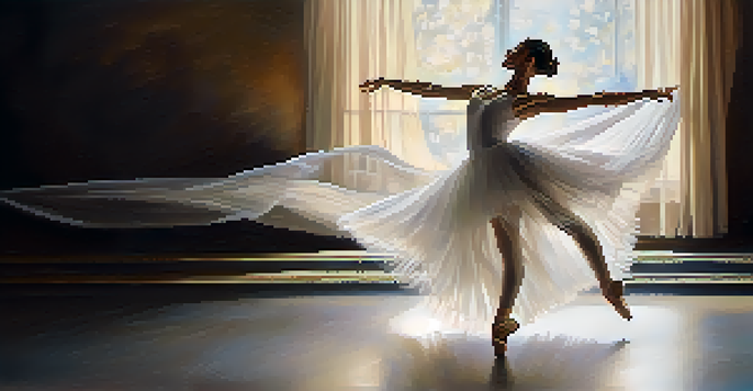 A ballet dancer in a white tutu gracefully spinning on a stage, illuminated by a warm spotlight, with flowing fabric in the background.