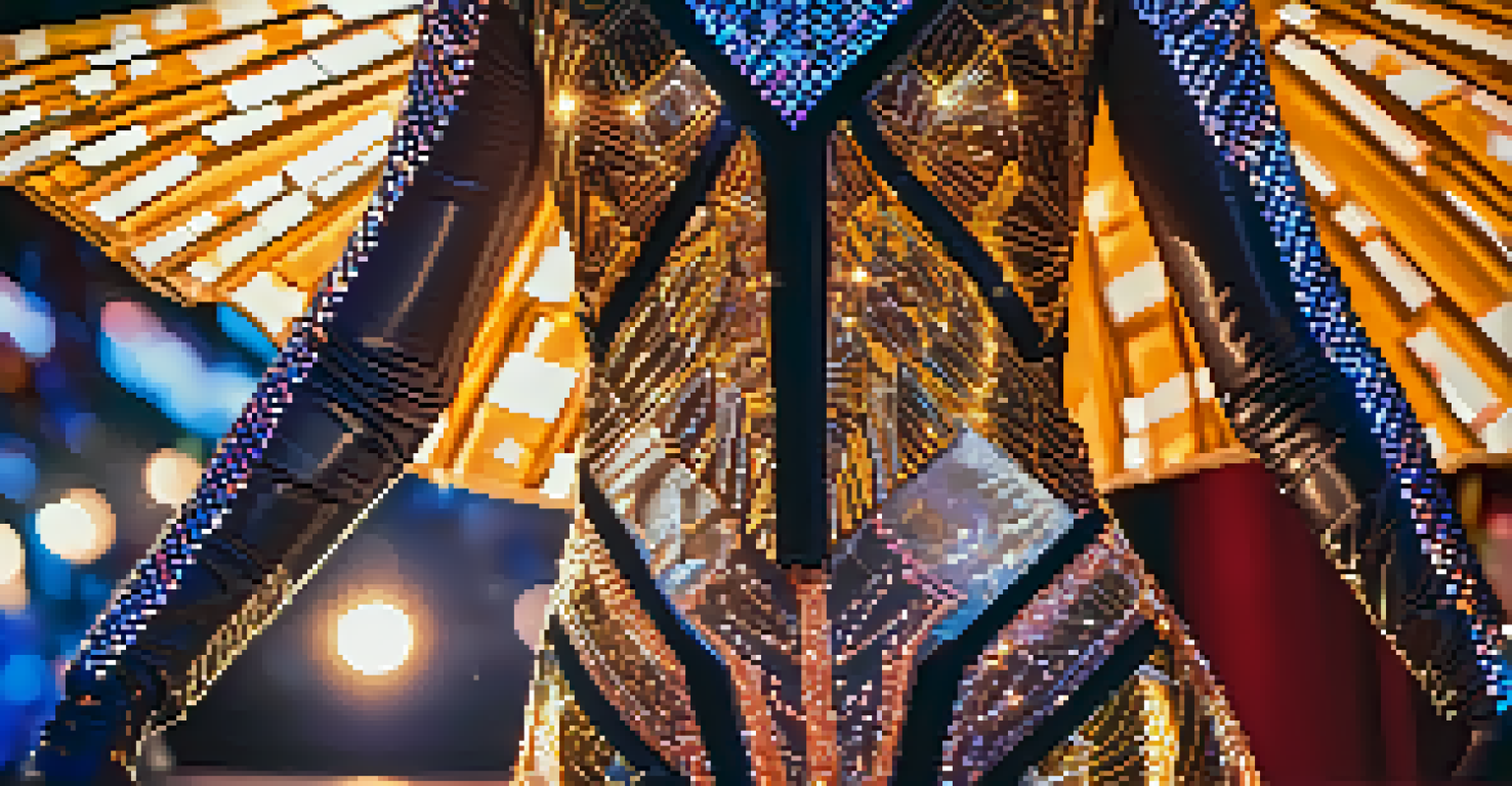 Close-up of a dancer's costume featuring geometric patterns and sequins, shimmering under stage lights, with a blurred background.