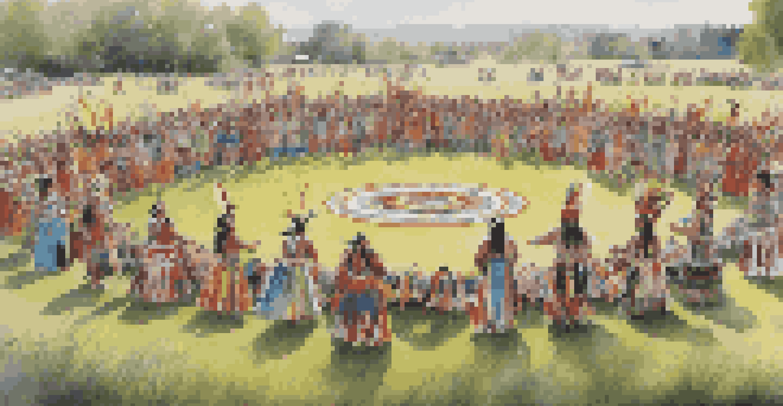 Native American dancers in traditional costumes performing at a Powwow surrounded by spectators on a sunny day.
