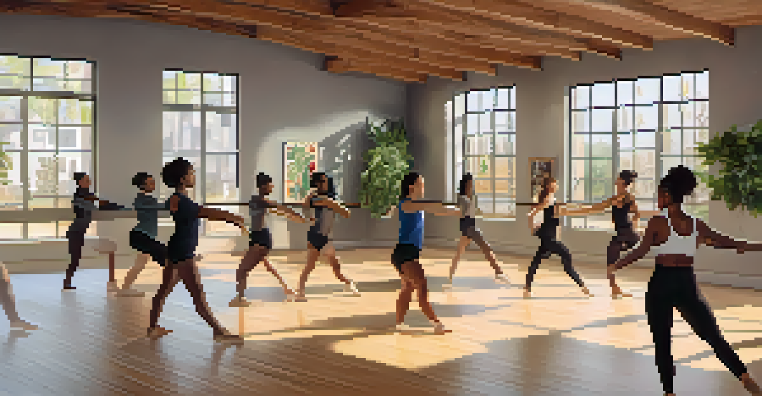 A diverse group of students in a dance studio participating in a virtual dance class, with sunlight streaming in through large windows.