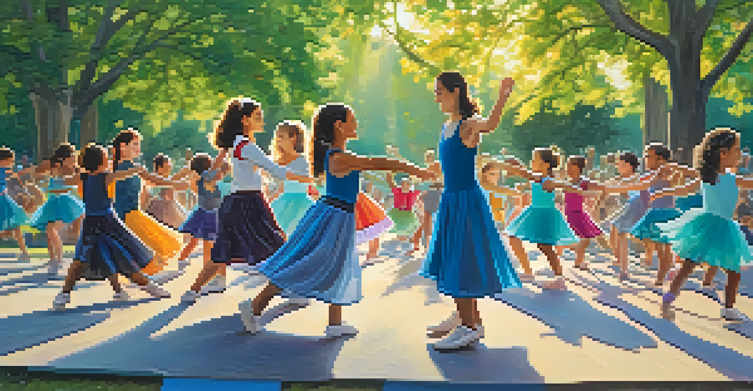 Families learning to dance together in a park, with an instructor leading the class under the sunlight, creating a lively atmosphere.