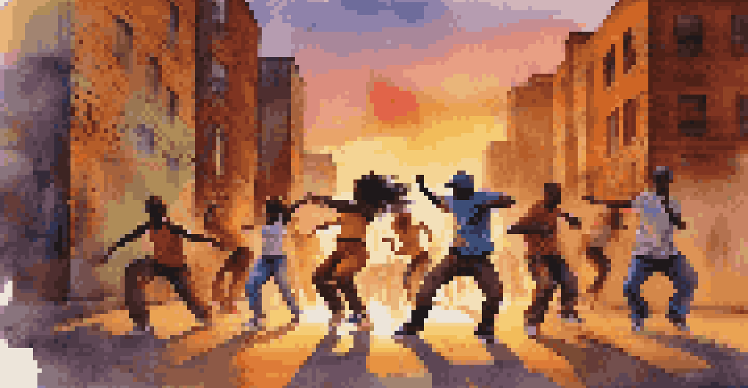 Dancers performing hip-hop in an urban setting during sunset.