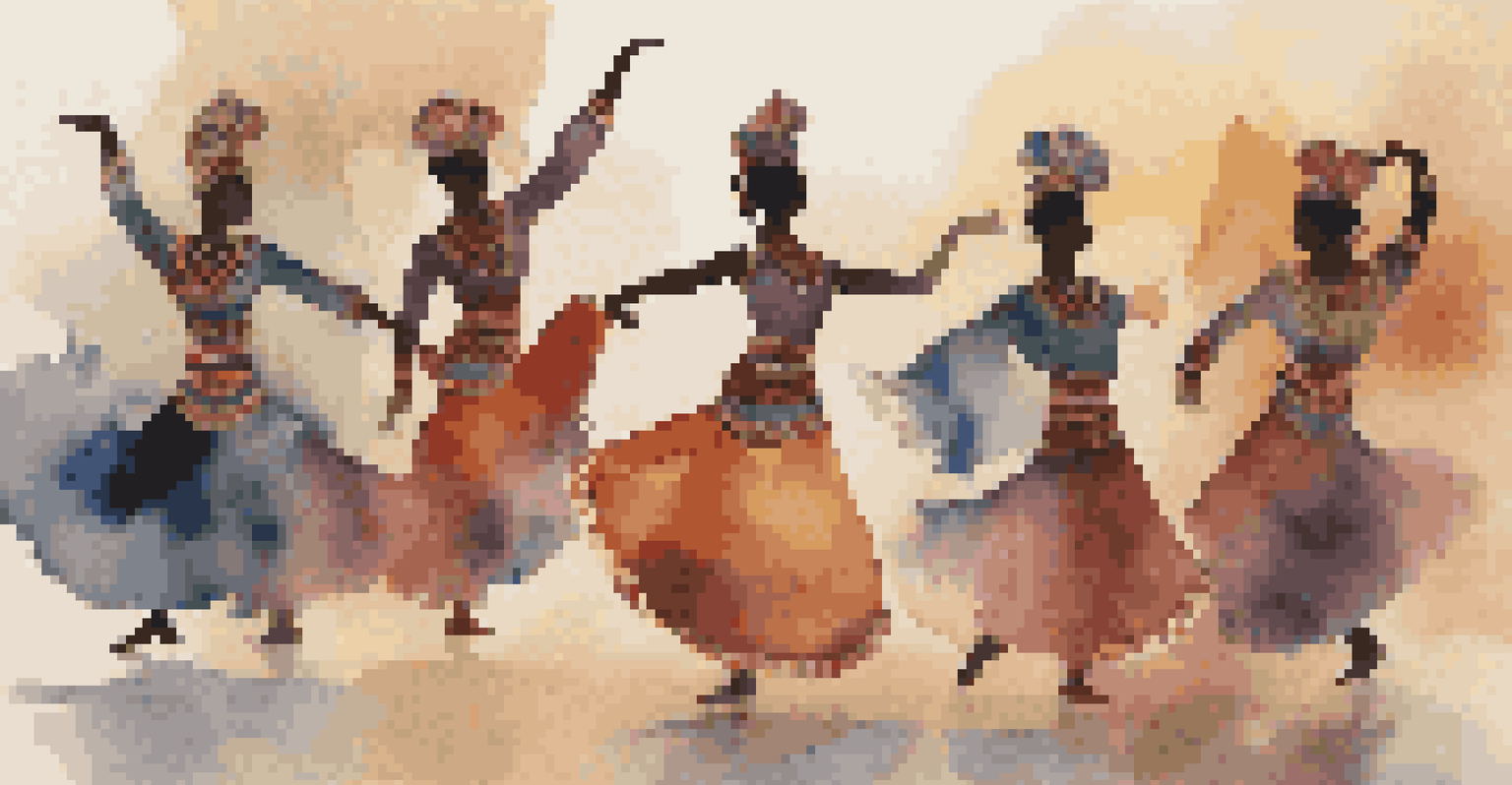 Silhouettes of dancers in traditional costumes against a vibrant cultural collage, representing the diversity of dance around the world.