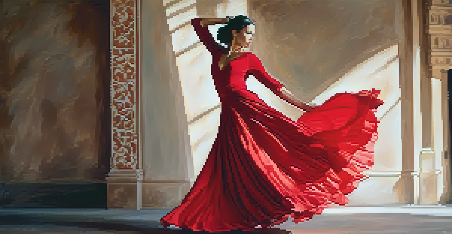 A Flamenco dancer in a red dress performing passionately in front of a rustic backdrop.