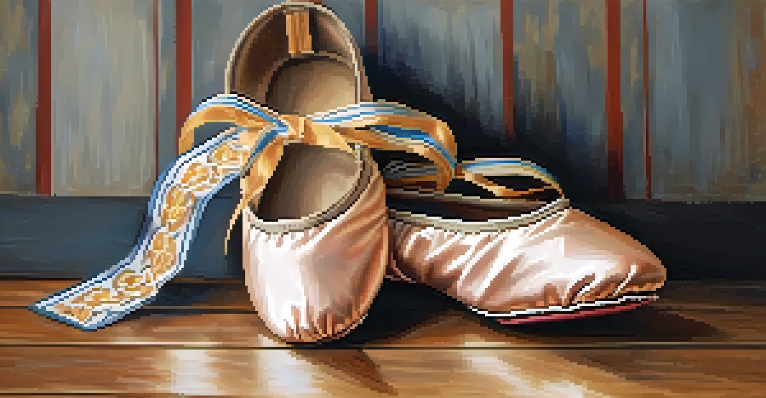 A close-up of two ballet shoes with different designs on a wooden floor, showcasing diversity in dance.