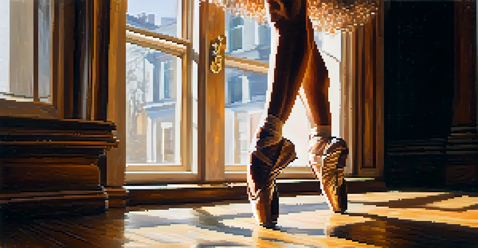 Close-up of a dancer's feet on a wooden stage, showcasing intricate footwork with stylish dance shoes and visible texture of the floor, illuminated by natural light.