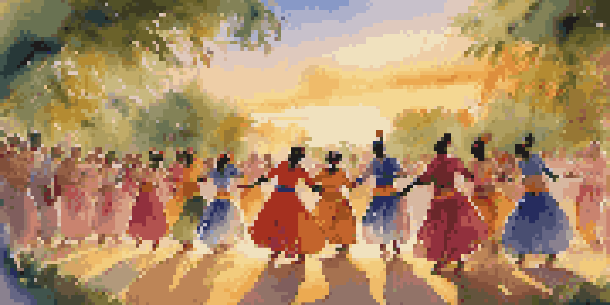A lively dance festival at sunset with diverse dancers in colorful traditional costumes performing in a green open space.