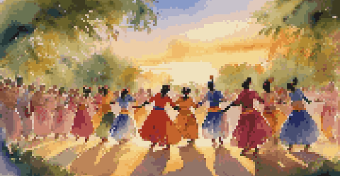 A lively dance festival at sunset with diverse dancers in colorful traditional costumes performing in a green open space.