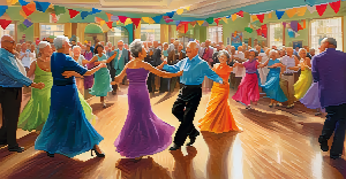 Seniors dancing joyfully in a community center, surrounded by colorful decorations and an engaging atmosphere.