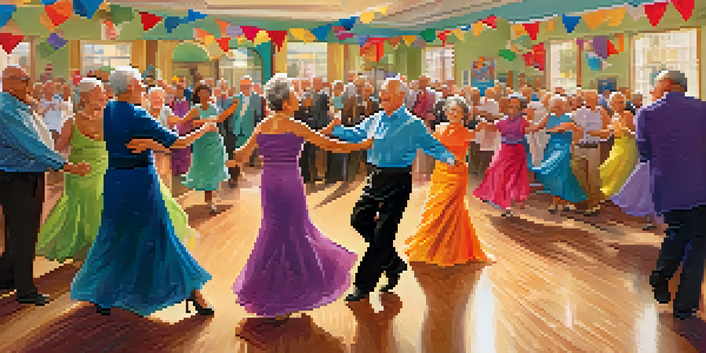 Seniors dancing joyfully in a community center, surrounded by colorful decorations and an engaging atmosphere.