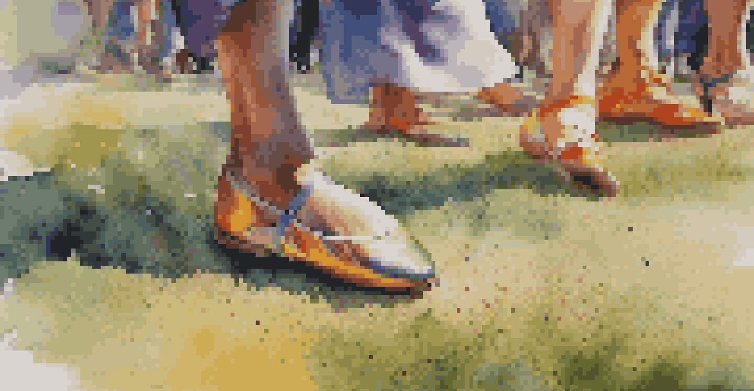 A close-up of a dancer's colorful shoes in motion on textured ground, with a blurred crowd in the background.