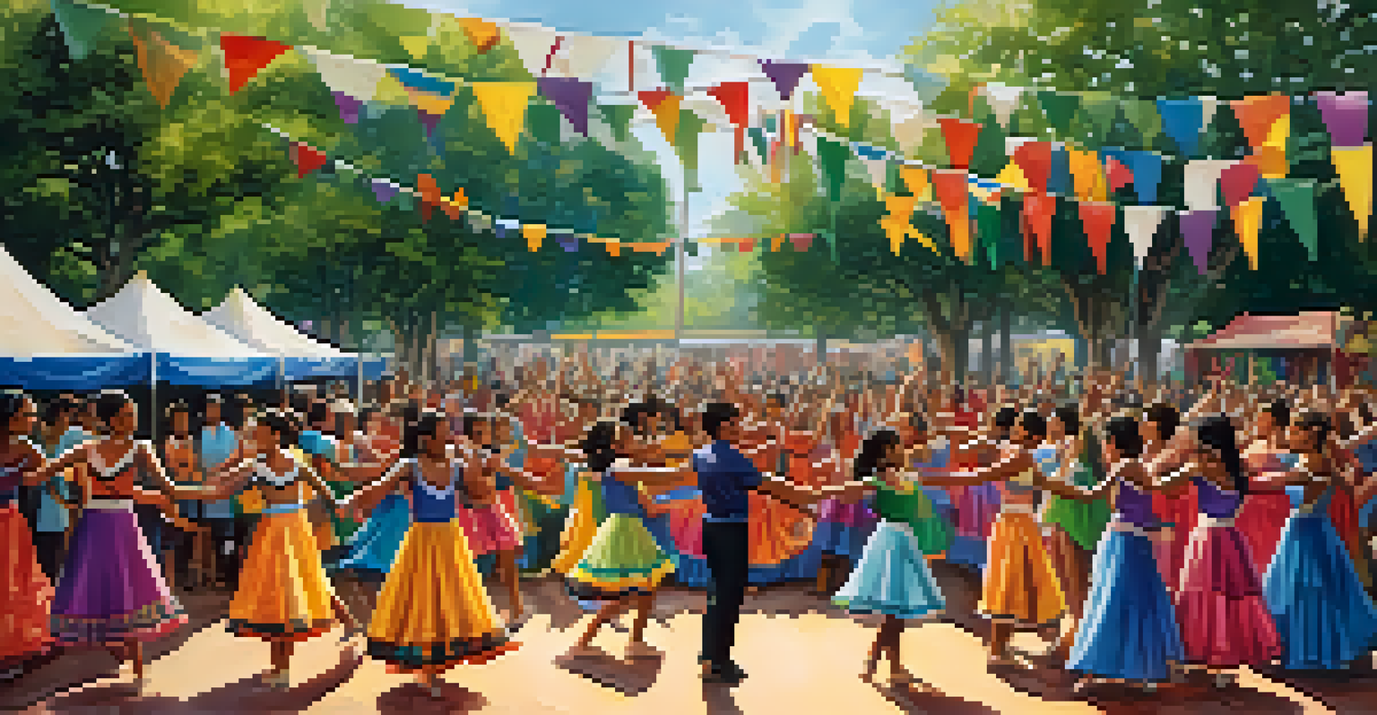 A vibrant community dance festival with young performers celebrating diverse cultural dance styles in a park.