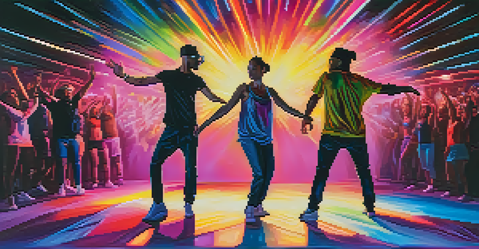 A collaborative dance performance featuring a contemporary dancer and a hip-hop artist on stage, with dynamic lighting and an engaged audience.