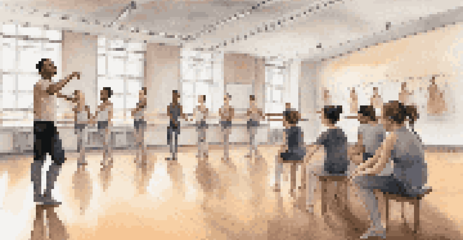 A dance educator leading a discussion on ballet analysis with engaged students in a bright classroom setting.