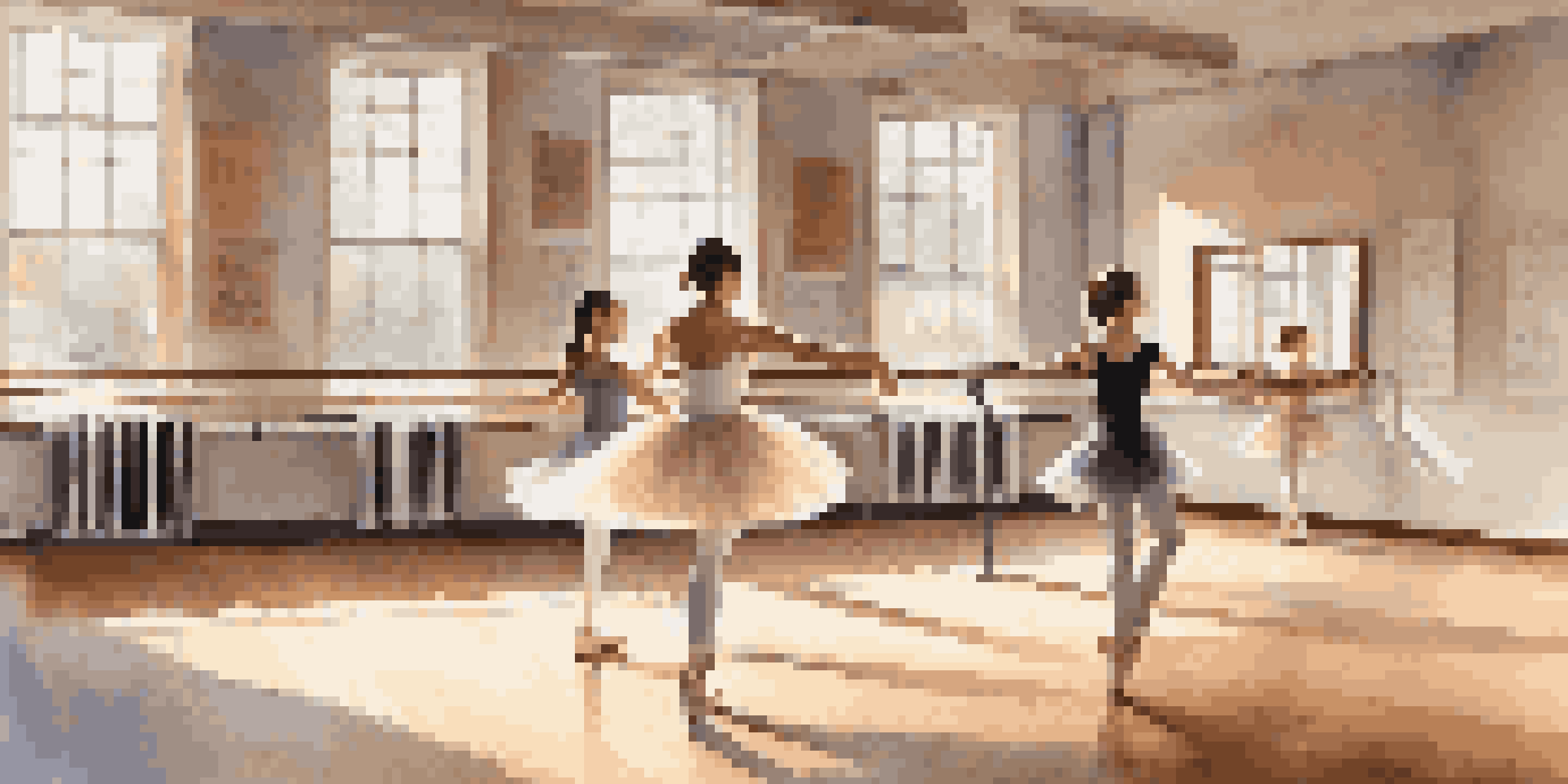 A dance studio with a mentor demonstrating a ballet pose to a young dancer, surrounded by mirrors and motivational quotes.