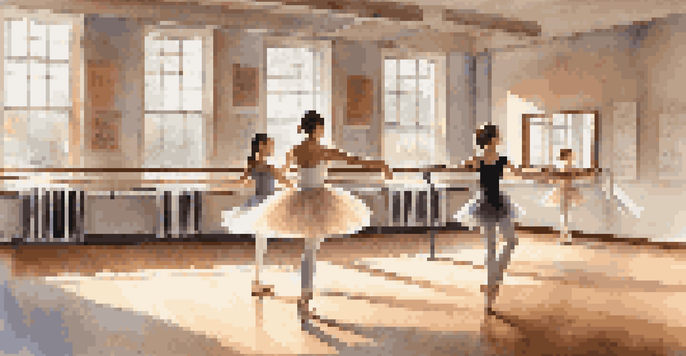 A dance studio with a mentor demonstrating a ballet pose to a young dancer, surrounded by mirrors and motivational quotes.