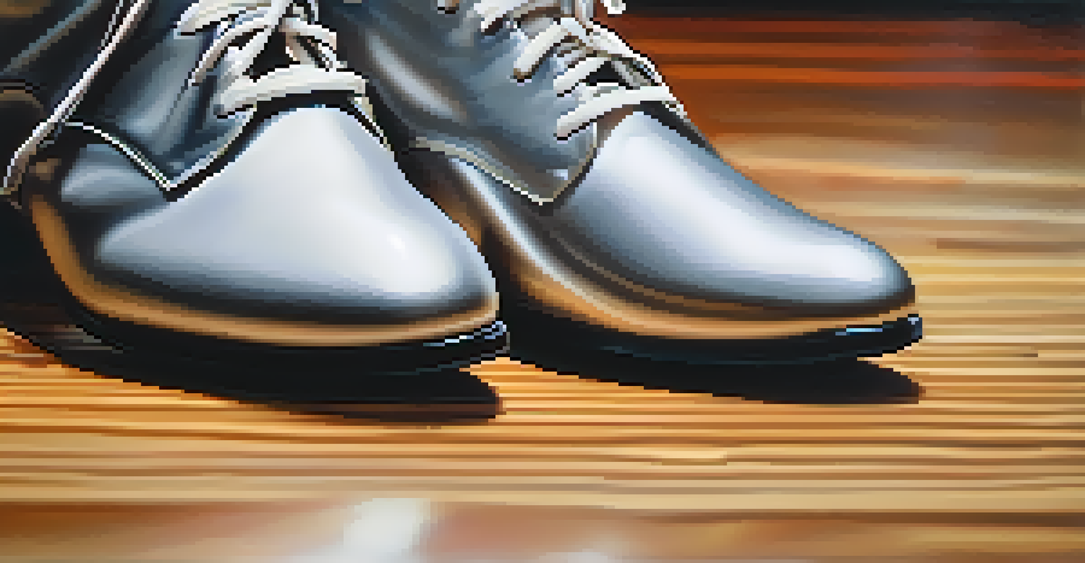 Close-up of smart shoes with pressure sensors on a wooden dance floor, with a blurred dancer practicing in the background.