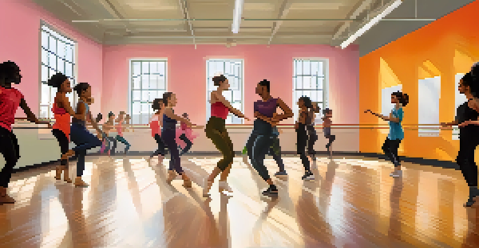 A diverse group of dance students of different ethnicities practicing together in a bright dance studio with mirrors and colorful posters.