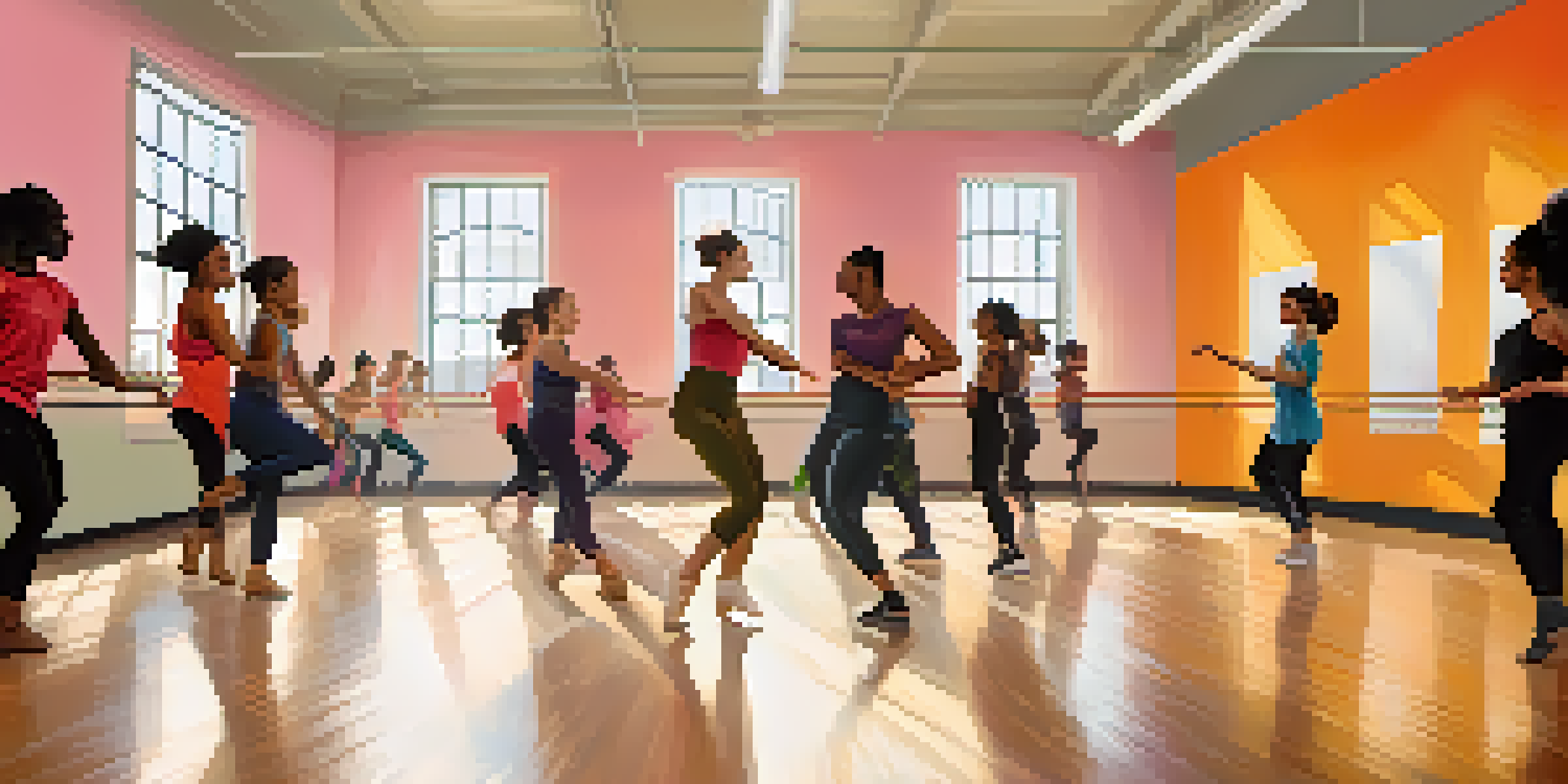 A diverse group of dance students of different ethnicities practicing together in a bright dance studio with mirrors and colorful posters.