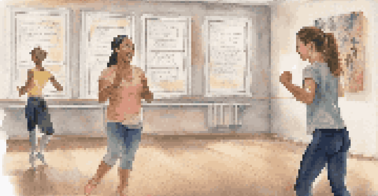 An instructor giving feedback to a teenage girl in a dance classroom filled with posters, capturing a moment of learning and encouragement.
