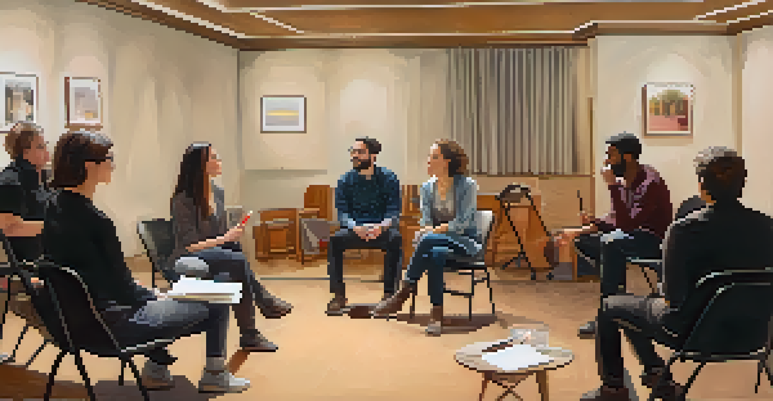 Ensemble members in a cozy setting, sitting in a circle and discussing their performance experiences during a feedback session.