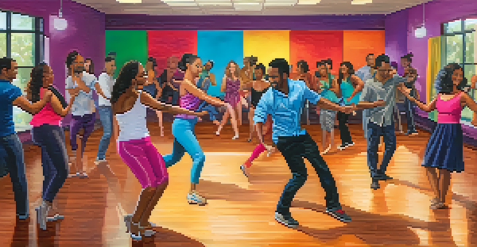 A lively salsa dance class featuring diverse individuals in a colorful dance studio with soft lighting and mirrors.