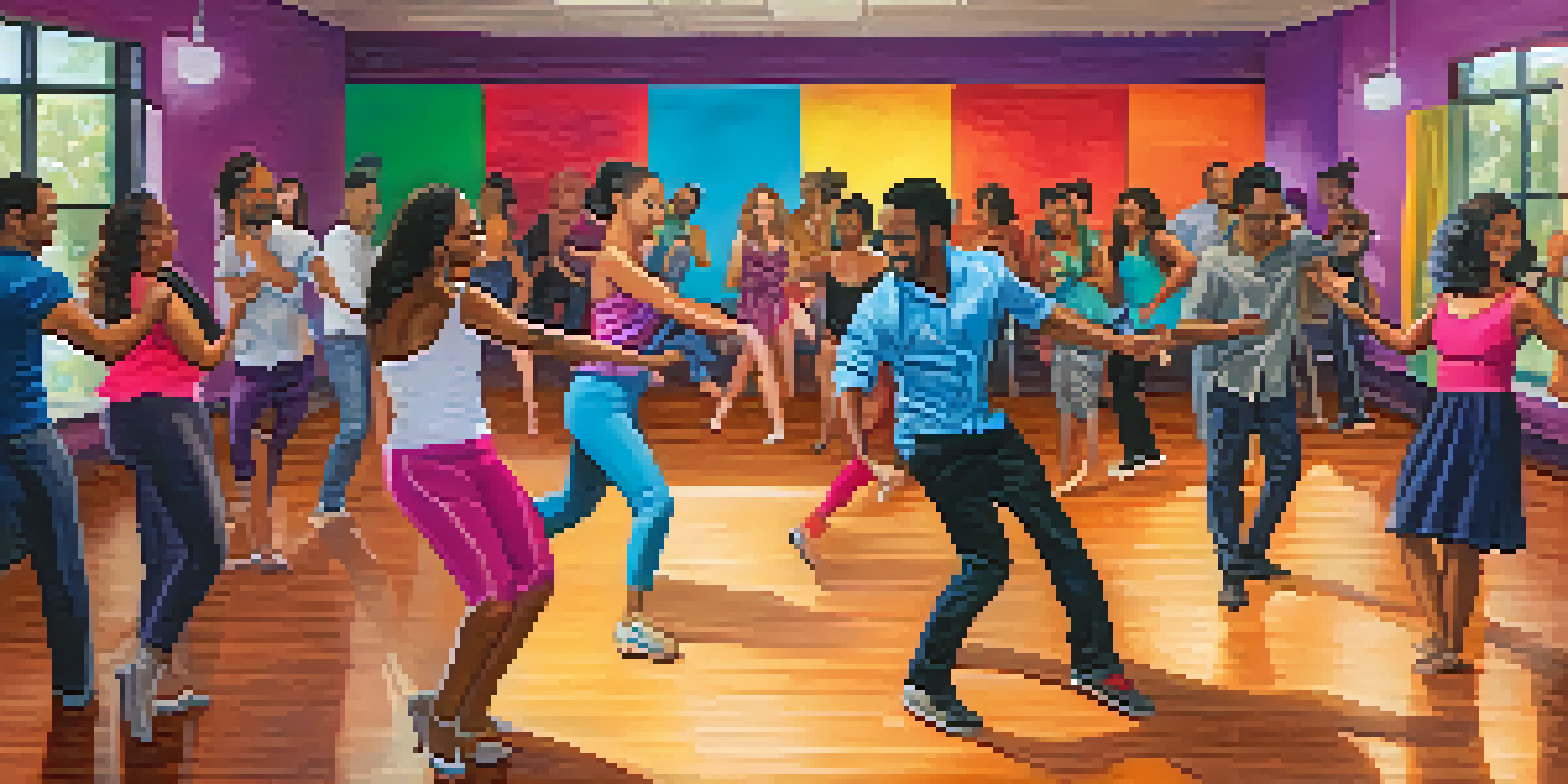 A lively salsa dance class featuring diverse individuals in a colorful dance studio with soft lighting and mirrors.