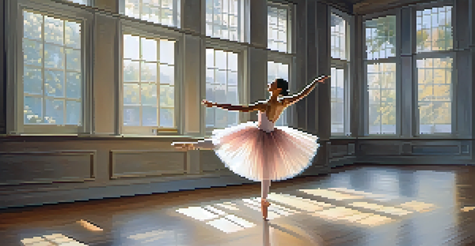 A ballet dancer in a tutu performing a plié in a sunlit studio with large windows.