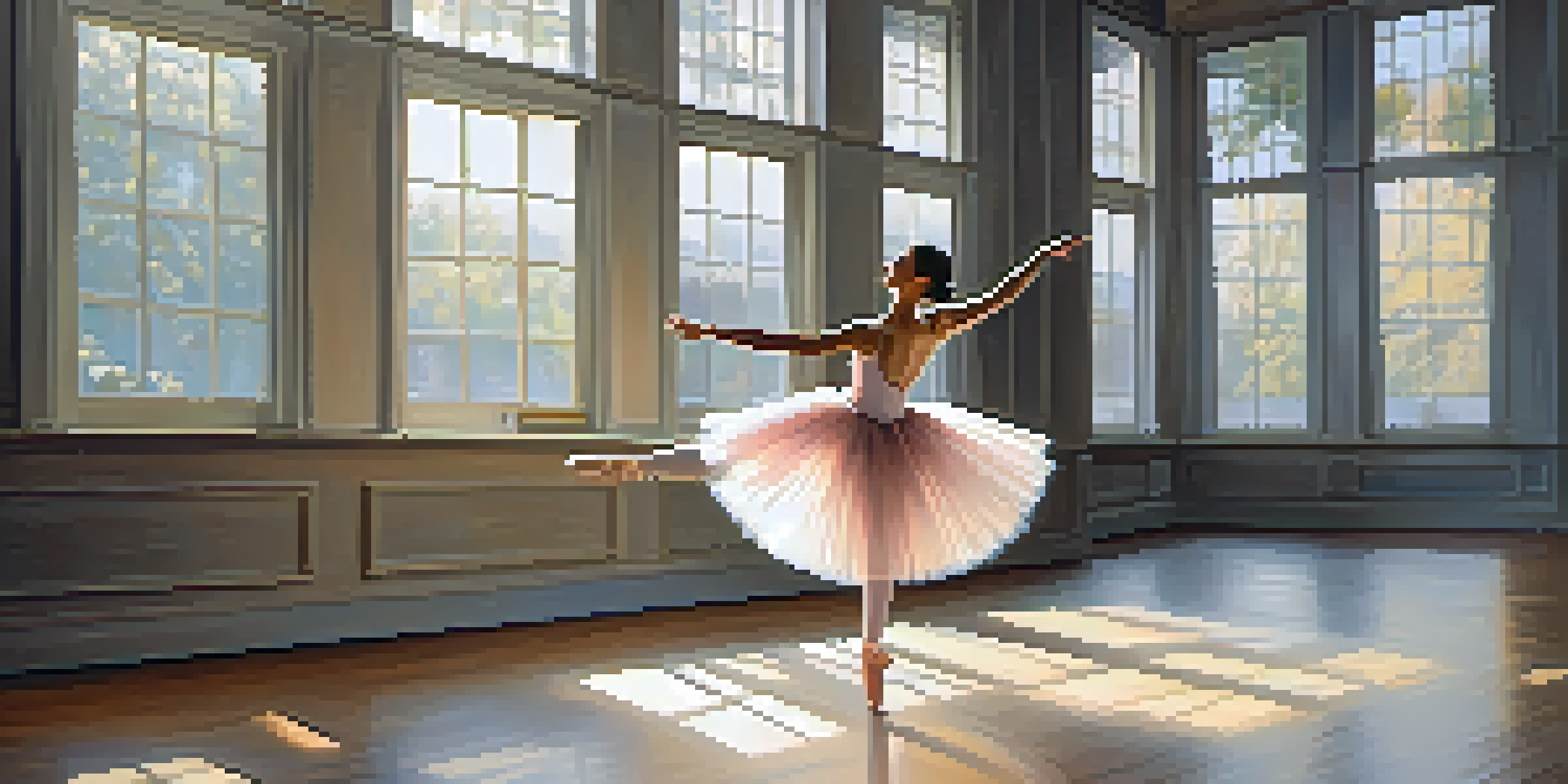 A ballet dancer in a tutu performing a plié in a sunlit studio with large windows.