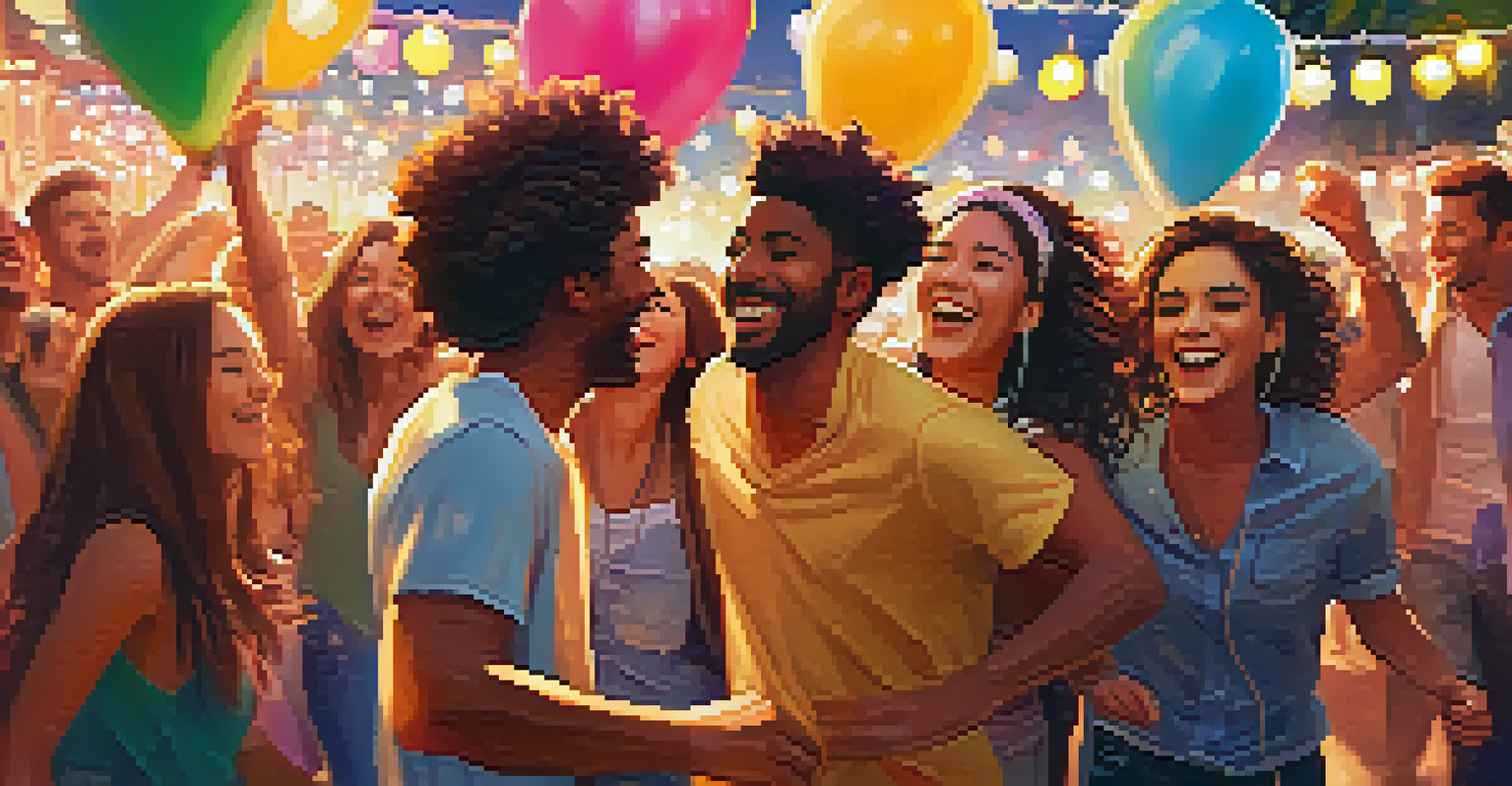 A group of friends joyfully dancing at an outdoor festival, surrounded by colorful lights and a lively crowd.