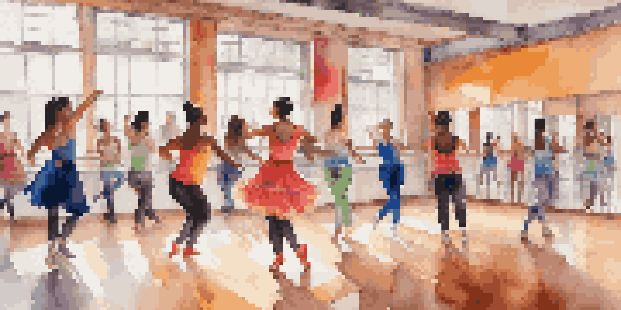 A lively dance studio with diverse dancers participating in a dance challenge, featuring bright outfits and natural light.