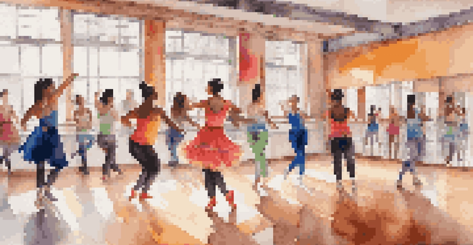 A lively dance studio with diverse dancers participating in a dance challenge, featuring bright outfits and natural light.