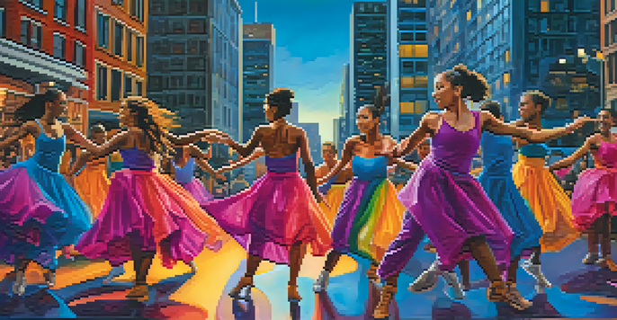 A diverse group of dancers performing in colorful costumes against a city skyline at dusk, showcasing fluid movements and emotions.