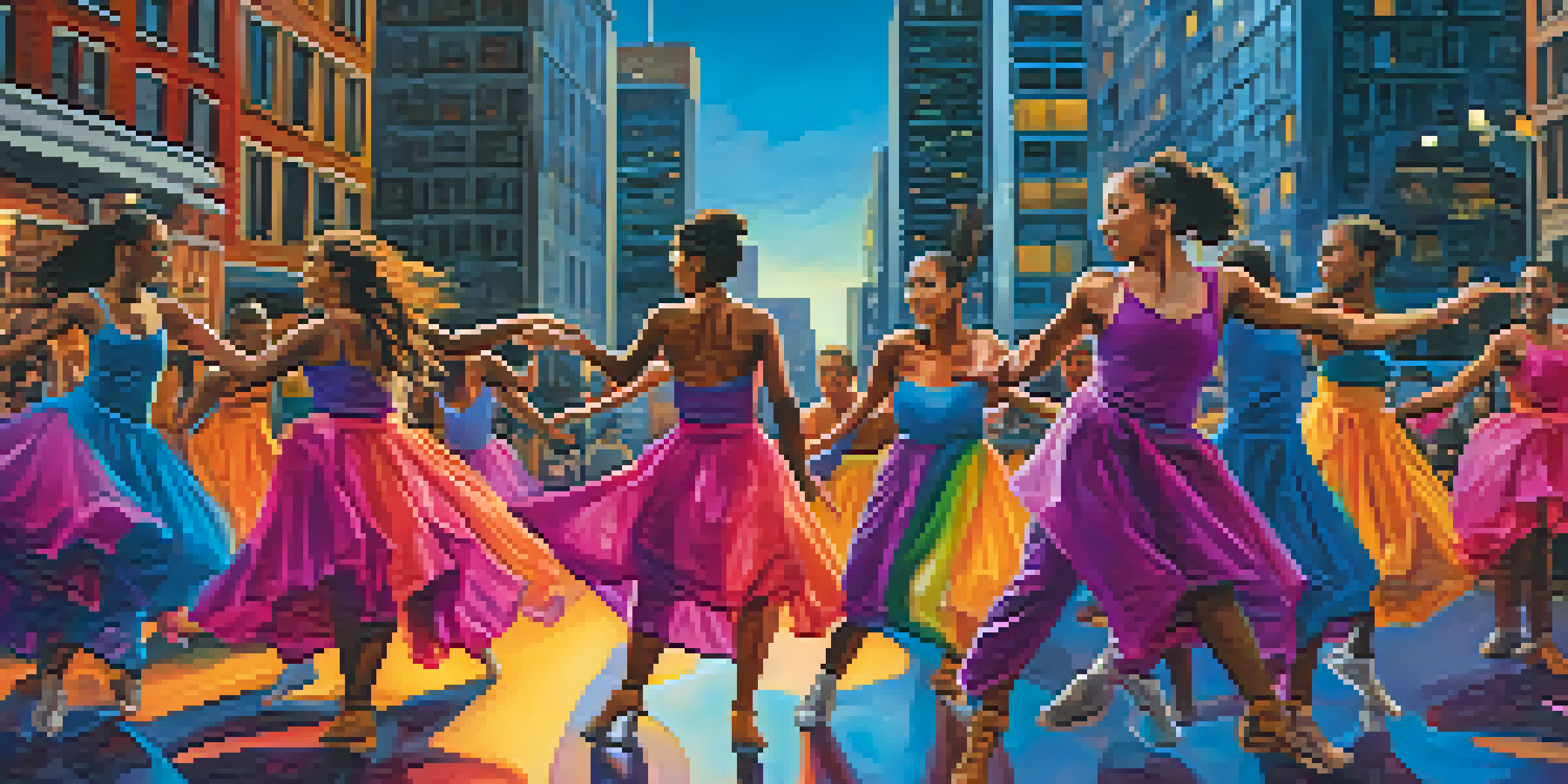A diverse group of dancers performing in colorful costumes against a city skyline at dusk, showcasing fluid movements and emotions.