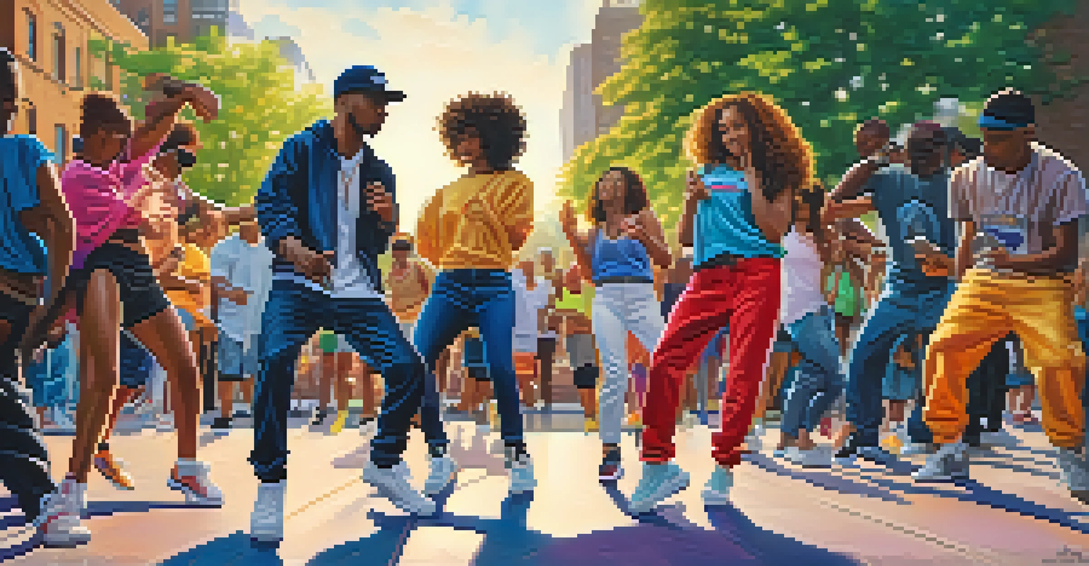 A diverse group of dancers performing hip-hop moves in a city park, surrounded by colorful street art and engaged onlookers.