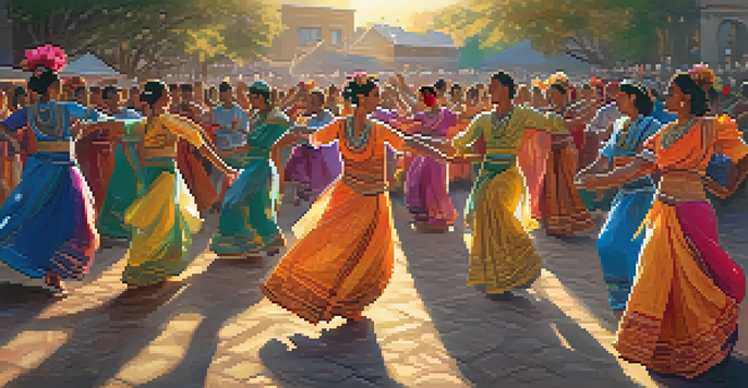 A lively outdoor dance performance featuring dancers in colorful traditional costumes against a sunset backdrop, with a diverse audience watching.