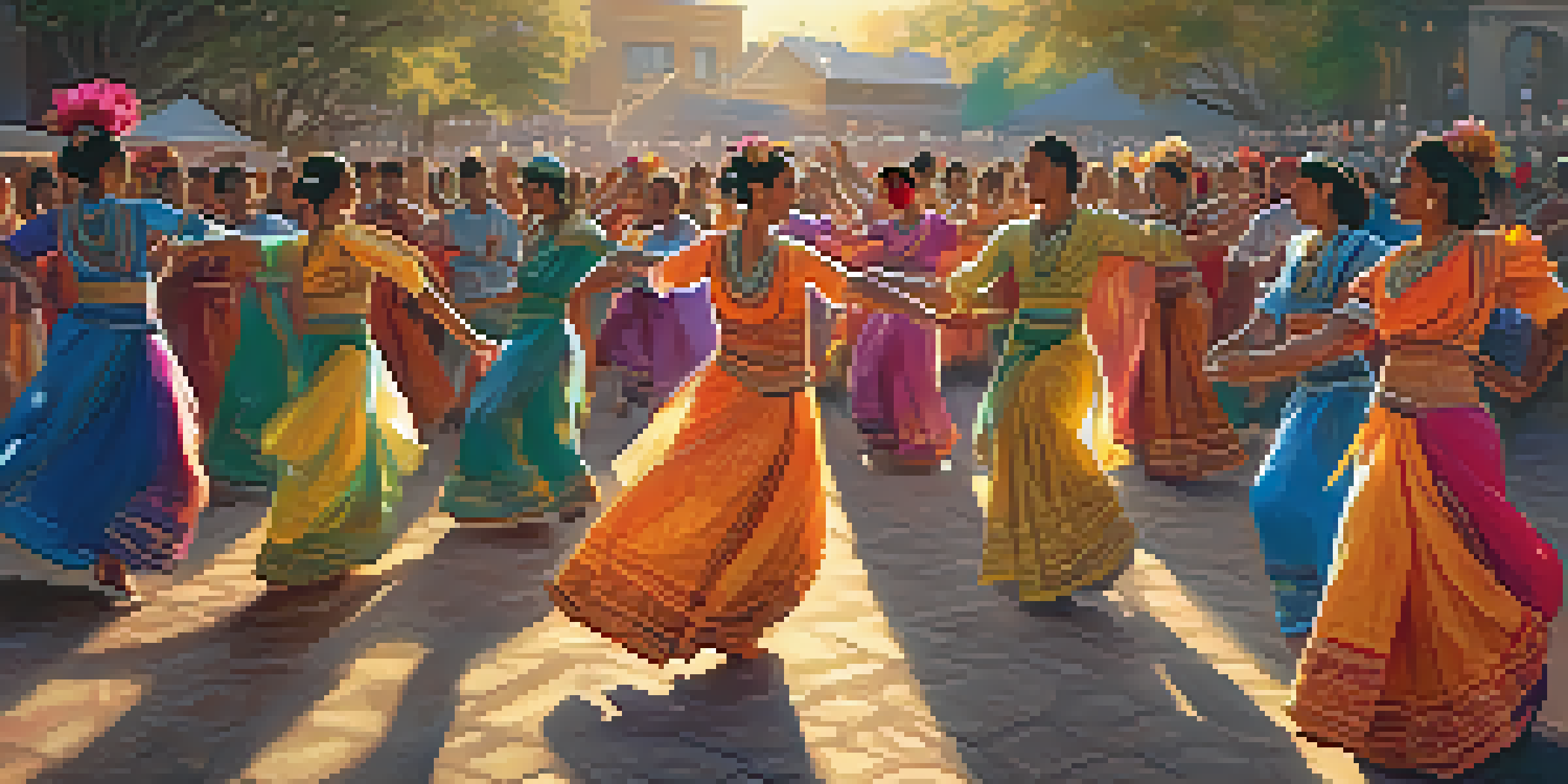 A lively outdoor dance performance featuring dancers in colorful traditional costumes against a sunset backdrop, with a diverse audience watching.