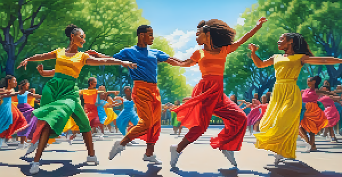 A group of diverse dancers performing joyfully in a park, surrounded by trees and a clear sky, symbolizing unity and social justice.