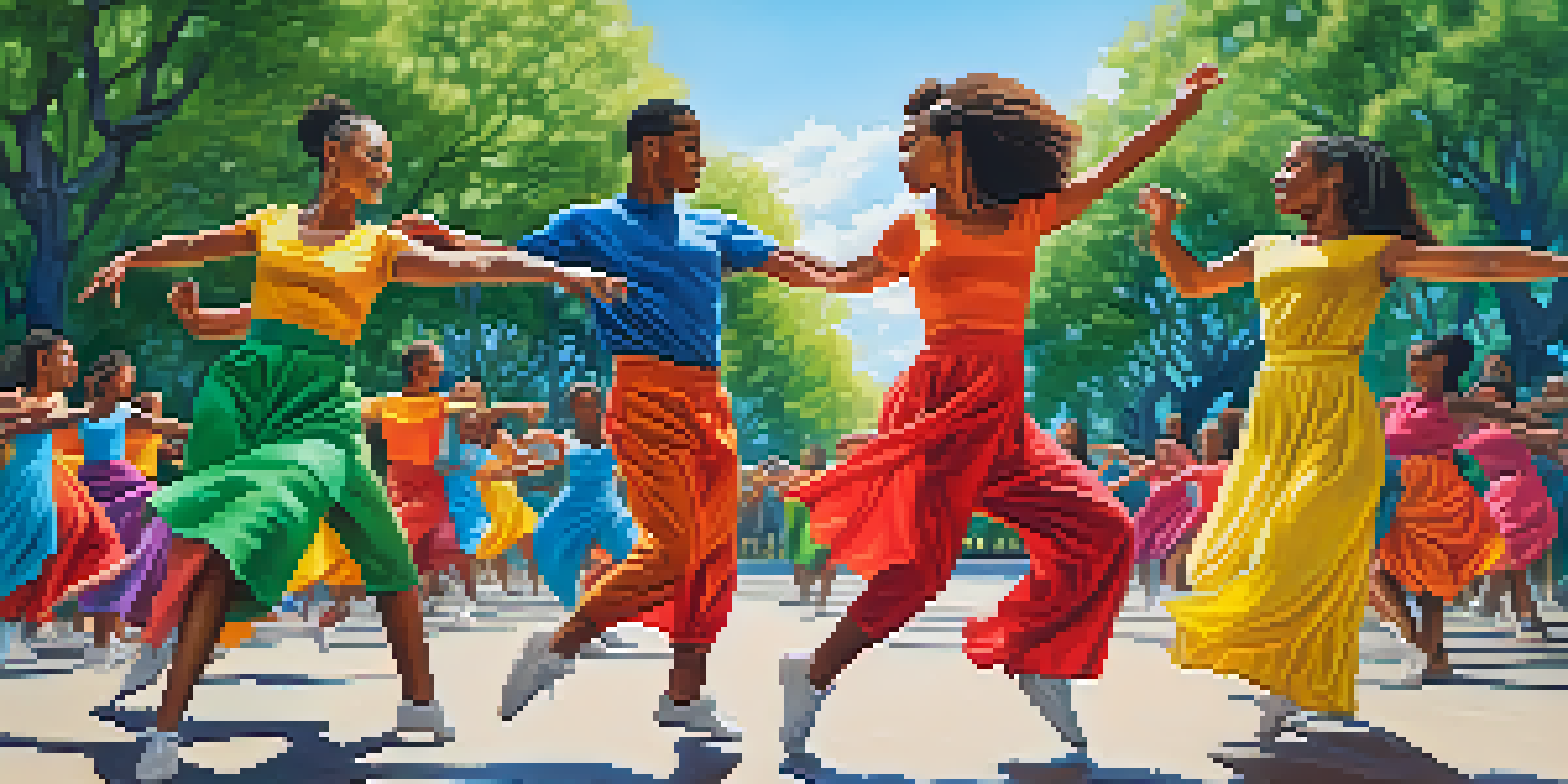 A group of diverse dancers performing joyfully in a park, surrounded by trees and a clear sky, symbolizing unity and social justice.