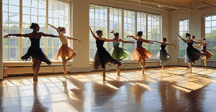 A contemporary dance studio with dancers of various backgrounds performing improvisational movements, illuminated by sunlight from large windows.