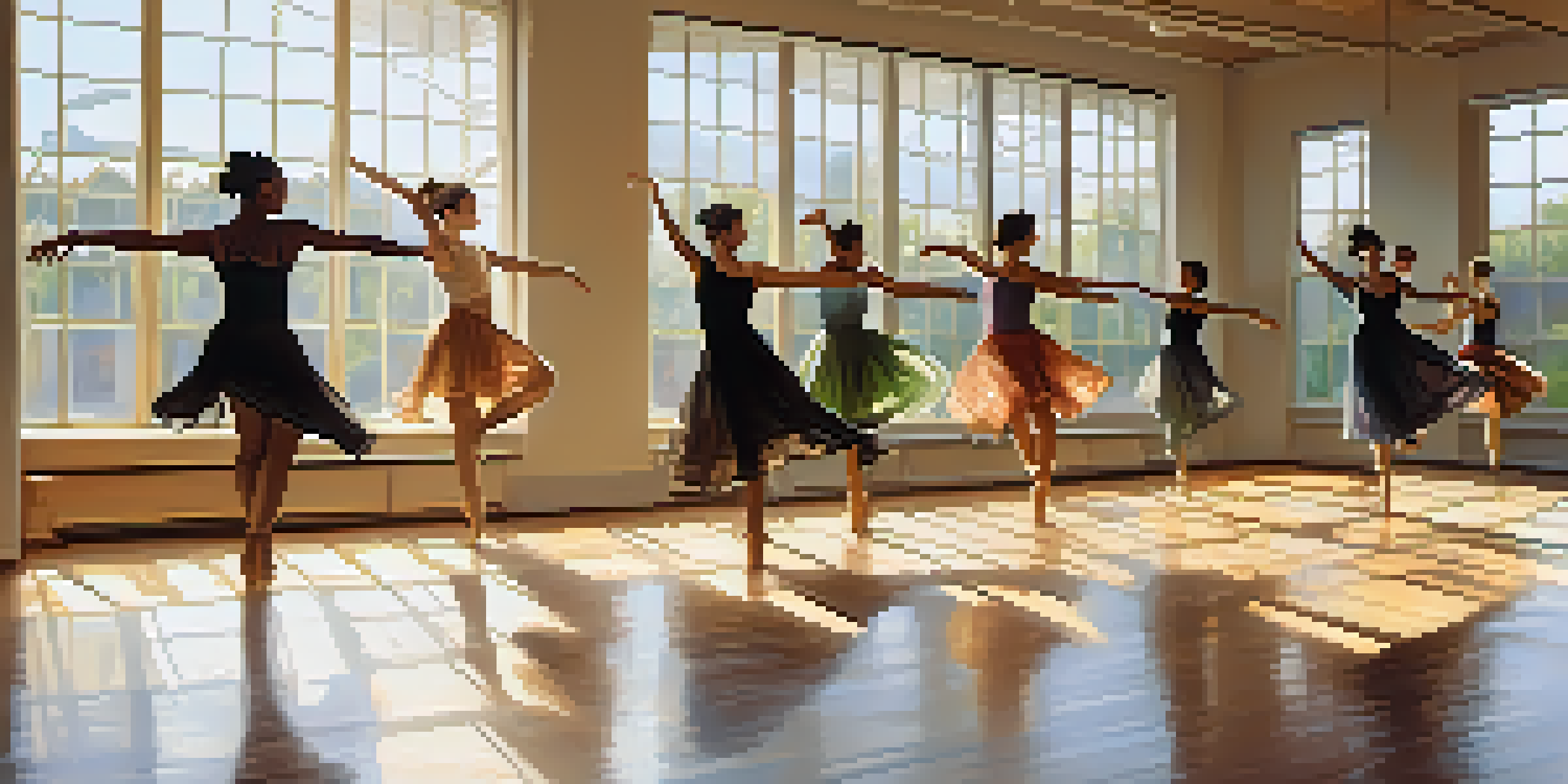 A contemporary dance studio with dancers of various backgrounds performing improvisational movements, illuminated by sunlight from large windows.