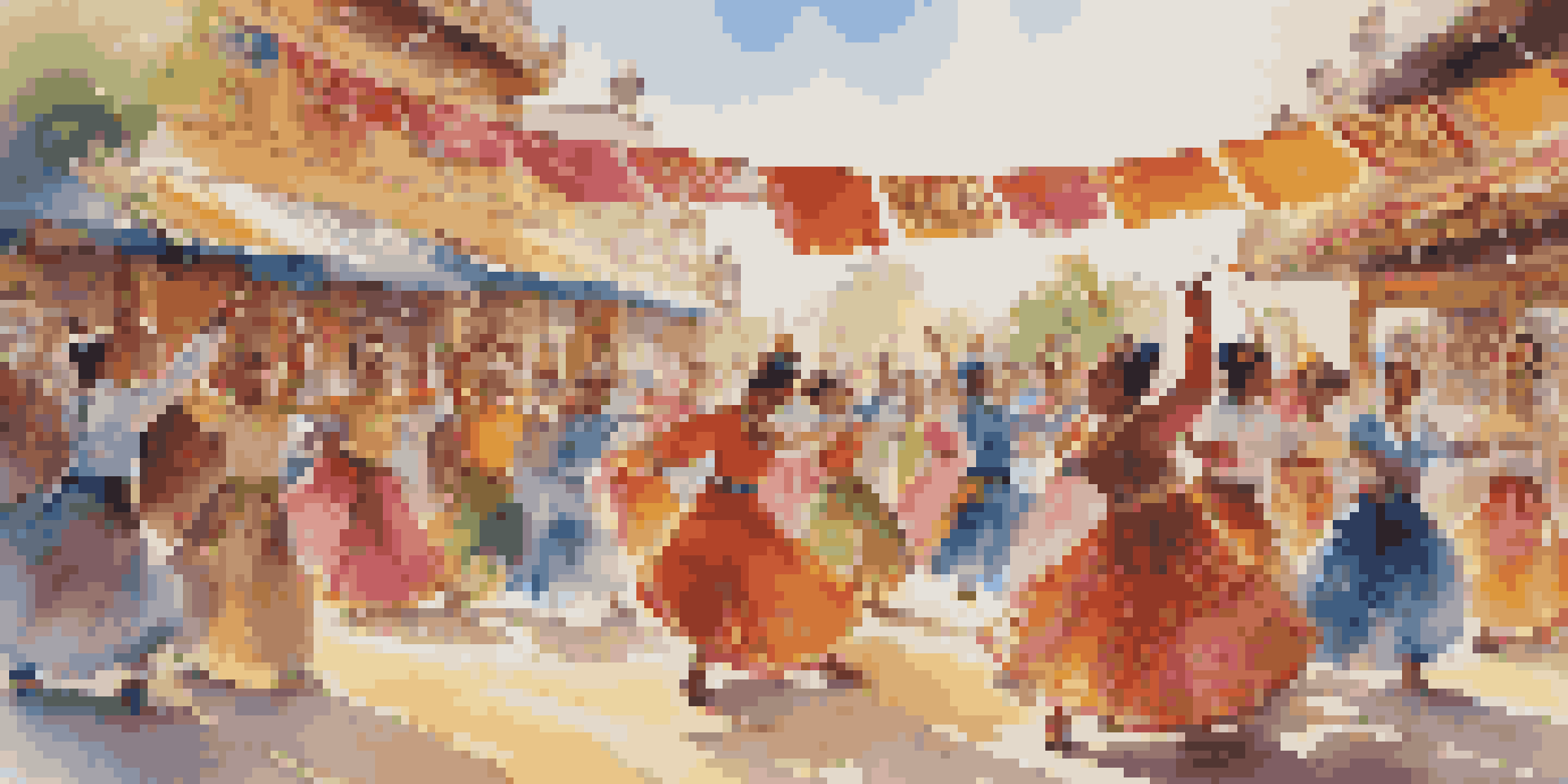 A lively dance festival with performers in traditional costumes dancing on stage, surrounded by colorful banners and an excited audience.