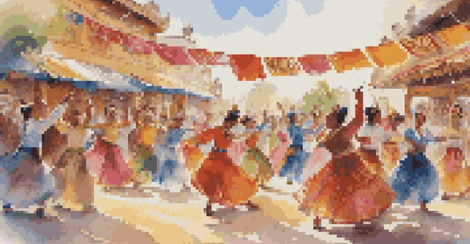 A lively dance festival with performers in traditional costumes dancing on stage, surrounded by colorful banners and an excited audience.